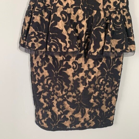 Tadashi Shoji sleeveless lace overlay black nude fitted peplum pencil dress - Picture 3 of 10